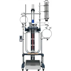 Ai 150L Single Jacketed Glass Reactor, ETL, clear glass vessel on blue frame with condenser, flasks and tray