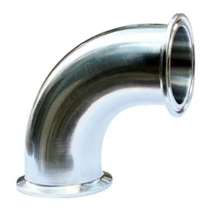 Ai 2" 304 SST 90° Tri-Clamp Elbow, polished stainless bend with flanged ends, white background