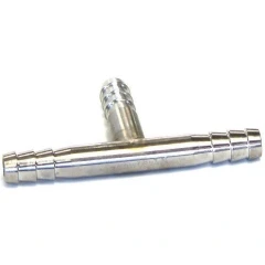 Stainless 3/8" Hose Barb Tee for Vacuum, T-shaped stainless fitting with ribbed barbs, white background