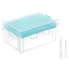 NEST Pipette Tips, Racked, Sterile, clear box with teal rack of tips and two loose tips beside it