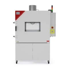 Binder LIT MK 240 Battery Test Chamber, grey cabinet with window door, red corner, top vent and side panel