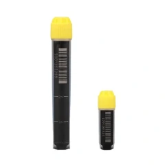 NEST 2D/1D Barcode Cryovials, Brooks, Bulk, two black tubes with yellow caps and printed barcodes