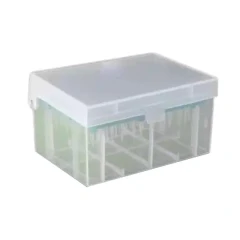 NEST Pipette Tip Boxes, translucent box with clear lid and tip rack inside, white background
