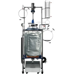 Ai 100L Single or Dual Jacketed Glass Reactor, vessel in grey insulation jacket on frame with condenser and flasks
