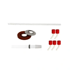 Ai SE05 SolventVap Service Kit, lip seal, PTFE ring, glass rod, tube and red-capped hose barbs laid out