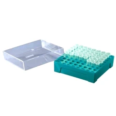NEST Micro Tube Storage Boxes, teal rack holding tubes beside a clear lid, white background