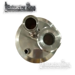 4" End Cap, 1.5" Ferrule, Sight Glass, 1/4" NPT, top view of stainless cap with clamp ports and fitting