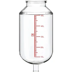 Ai R50 Non-Jacketed 50L Glass Reactor Vessel, clear single-wall glass vessel with red scale and bottom outlet