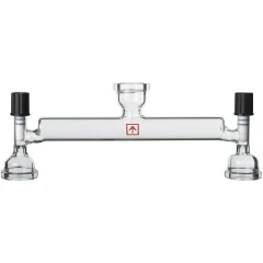Ai 50L Rotovap Dual Receiving Flask Bridge, clear glass bridge with center inlet and black-capped valve arms