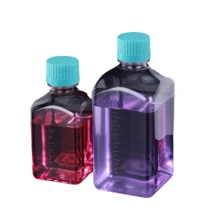 NEST Square Media Bottles, Sterile, two clear square bottles with teal caps and coloured liquid