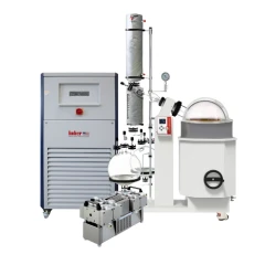 Ai SolventVap 50L Rotovap, Huber CS100 & Welch, rotovap with bath and glassware beside a chiller and pump