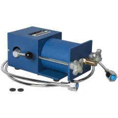Bel-Art Frigimat EZ Block Dry Ice Maker, blue housing with lever handle, knobbed valves and braided hose