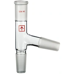 Ai 24/40 75° Glass Three-Way Tee Adapter, clear glass body with angled side arm and three ground joints