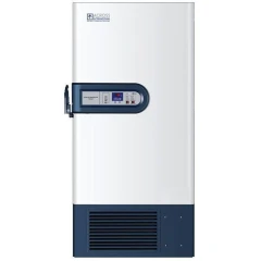 Ai RapidChill 26 CF -86°C ULT Freezer 110V, white upright freezer with blue base, door handle and panel