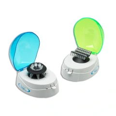 MyFuge Mini Centrifuge with 2 Rotors, two white units with blue and green lids and different rotors