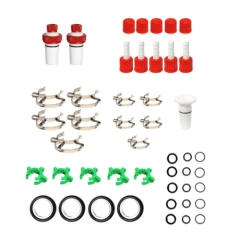 Ai Clear 2w Short Path Service Kit, red caps and barbs, PTFE plugs, clips, green clamps and O-rings laid out