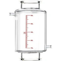 Ai R50f Single-Jacketed 50L Filter Vessel, clear glass cylinder with red scale, side ports and flanged ends
