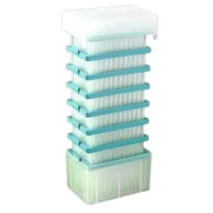 NEST Refill Pipette Tips, Non-Sterile, stack of teal tip racks on a clear base with white lid