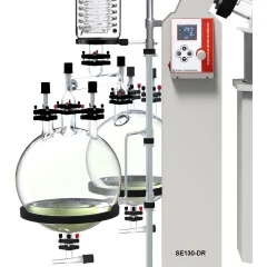 Ai SolventVap 50L Dual Receiving Flask Kit, two glass receiving flasks with valves beside a control panel