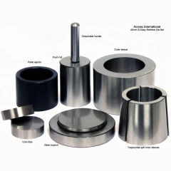 Ai 40mm Easy-Retrieve Dry Pressing Die Set, labelled steel sleeves, push rod, base, ejector and core dies