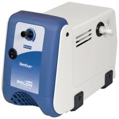 Welch DryFast 2014 1.2 CFM Diaphragm Pump, blue and white housing with knob, switch and hose barb, white background