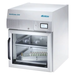 HettCube 200 R Refrigerated Incubator, white cabinet with glass door, display and shelves holding dishes and tubes