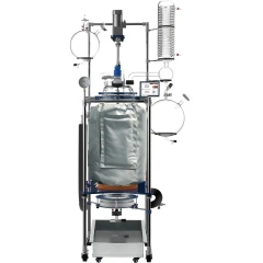 Ai 150L Single Jacketed Filter Glass Reactor, insulated vessel on stainless frame with condenser, flasks and wheels