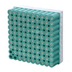 NEST 2D Barcode Cryogenic Vials, Racked, teal rack filled with vials showing barcoded bottoms