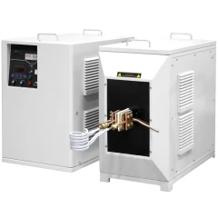 45KW Dual-Station Induction Heater, 1-20KHz, two white cabinets, control panel, copper leads and coil