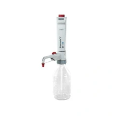 BrandTech Dispensette S Digital Dispenser, grey dispenser with red cap and spout on a clear glass bottle