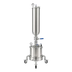 10lb Closed Loop Extractor, Passive-Active, tall stainless column over wide base on wheels, gauges and valve