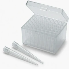 Ai 200µl Graduated Pipette Tips, clear tips in a hinged rack with two loose tips, representative image