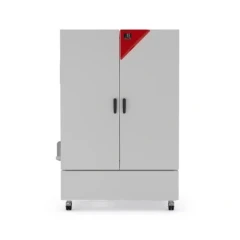 Binder KBF-S ECO 1020 Humidity Test Chamber, grey double-door floor cabinet with red corner panel on casters