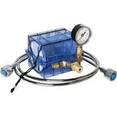 Bel-Art Frigimat Cub Block Dry Ice Maker, clear blue housing with pressure gauge, brass fittings and braided hose