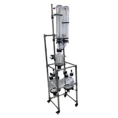Ai Modular Cold Trap, Dual 10L Flasks, two tall glass condensers over two round flasks on a stainless frame with wheels