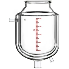Ai R20 Dual-Jacketed 20L Glass Reactor Vessel, clear double-wall glass vessel with red volume scale and bottom outlets