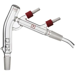 Ai 2L Vacuum Jacketed Short Path Head, clear glass head with two red-capped hose barbs and angled drip tip