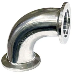 Ai KF25 90° Flange Elbow, Stainless, polished stainless elbow with flanged ends, white background