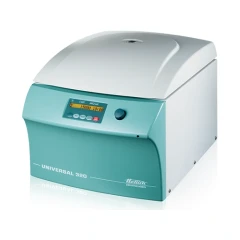 Hettich Universal 320 Benchtop Centrifuge, teal front panel with display and knob under a grey lid