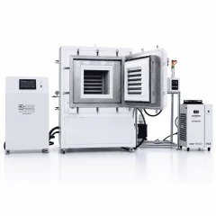 1200C Debinding Sintering Furnace, Cold Trap, white box furnace with open door, control cabinet and chiller beside
