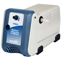 Welch 2042 DryFast 1.2 CFM Diaphragm Pump, blue and white housing with knob, switch and side hose barb