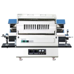 Ai STF1500 1500C 1-3 Zone Top-Open Tube Furnace, white furnace with lid raised, tube flanges, supports and controllers
