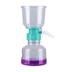 Nest PES Vacuum Filter Tops & Receiving Bottles, clear filter cup on teal collar over a bottle of purple liquid