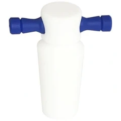 Ai Solid PTFE 24/40 Joint Stopper, white tapered stopper with blue T-handle, white background