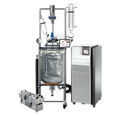 Ai 50L Glass Reactor w/ Chiller & Welch Pump, insulated vessel on frame with condenser, floor chiller and diaphragm pump