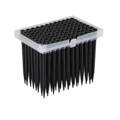 NEST Hamilton Tips, Conductive, Barcode, Blister, black tips in a clear rack, white background
