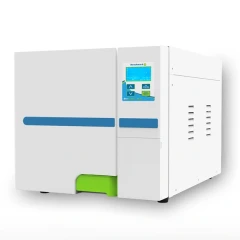 Benchmark BioClave Mini 8L Research Autoclave, white benchtop unit with blue stripe, display panel and green handle
