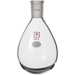 Ai 500mL Heavy Wall Oval Round Bottom Flask, clear pear-shaped glass flask with ground neck, white background