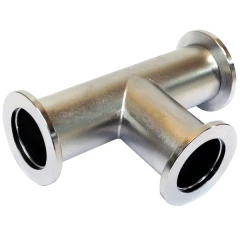 KF25/NW25 Stainless 3-Way Tee Flange, polished stainless tee with three flanged ends, close-up