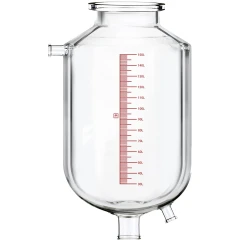 Ai R150 Single-Jacketed 150L Reactor Vessel, clear glass vessel with red volume scale, side port and bottom outlets